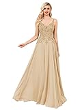 Lace Appliques Chiffon Prom Dresses Long A Line Formal Dresses for Women Split V Neck Evening Party Ball Gown Champagne Size 8