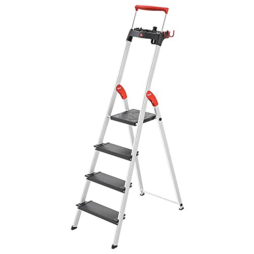 Hailo L100 Topline Alu-Sicherheits-Stehleiter - 4 XXL-Stufen bis 150 kg - Stehleiter mit ausziehbarem Haltebügel, Plattformverriegelung - viel Zubehör - klappbare Aluleiter Made in Germany - schwarz