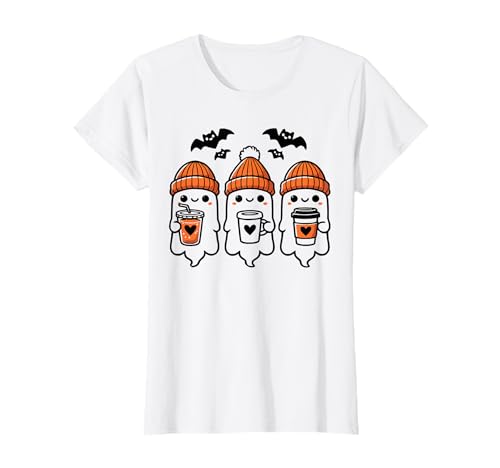 Süßer Halloween-Geist trinkt Kaffee für Frauen T-Shirt