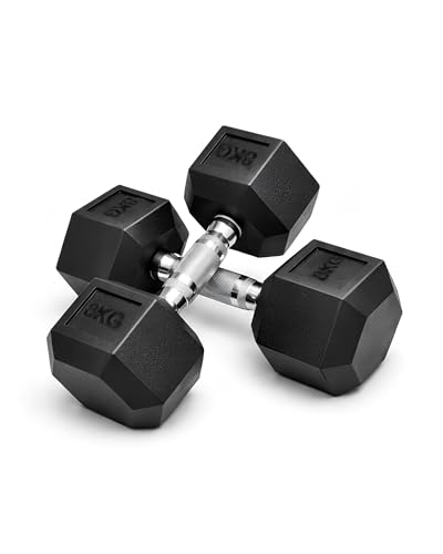 KAYMAN Rubber Hex Dumbbell Weights PairSolid Cast Iron Core with Rubber Coating Non-Slip Knurled Handle Anti-Roll Hex Design for Strength Training Home Gym & Fitness Workouts - 8kg