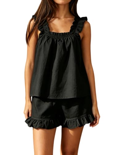 Image of Womens Summer 2 Piece Set Fashion Ruffle Trim Cami and Casual Shorts Set Cotton Pajama Sets