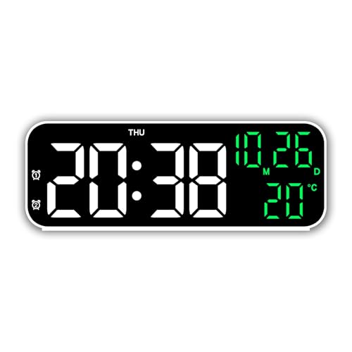 デジタルLED時計 寝室用目覚まし時計 置き時計 調光 時間 曜日 日付 温度付きベッドサイドLED時計 リビングルーム用デュアル目覚まし時計 ホワイトケース グリーンライト