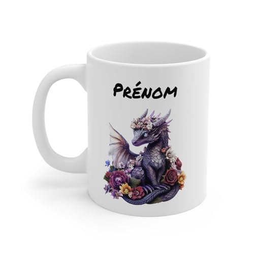 Teecustom Tasse Personnalisable Dragon Violet et Fleurs – Mug Prénom Fantasy Bohème – Cadeau Magique Féérique 325ml