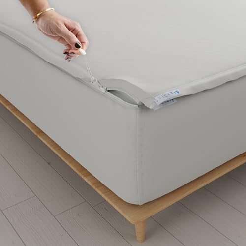 Image of QuickZip Fitted Plus Spare Bundle: 1 Fitted Sheet (Base + Zip Sheet) & 1 Zip Sheet - Easy to Change, Won't Pop Off - Soft Percale 400 TC 100% Cotton - 15 inch Deep Pockets RV King Size - Misty Gray
