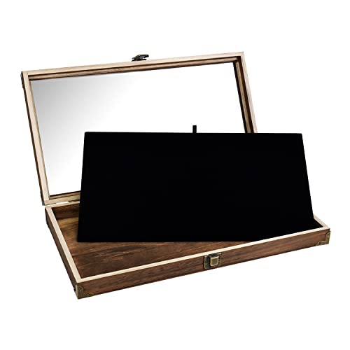 MOOCA Wood Glass Top Jewelry Display Case Wooden Jewelry Tray with Metal Clasp, Removable Black Luxurious MDF Velvet Display Pad and Corner Protection, Brown Color