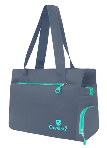 Image of Women Bag, Black with Turquoise Accents, Tote Bag with Multiple Zipper Pockets