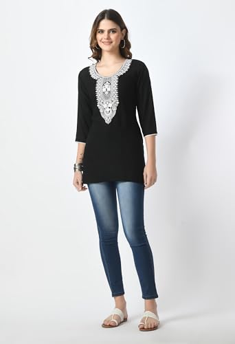 Image of LIBOZA Short Kurti for Women - Lakhnowi Chikankari Embroidered Ladies Kurta, Stylish Girls Top, Ethnic Half Kurtas, Tunic Design Woman Kurtis