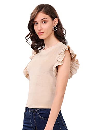 Image of SXV Solid Beige High Neck Ruffle Sleeve Velvet Top