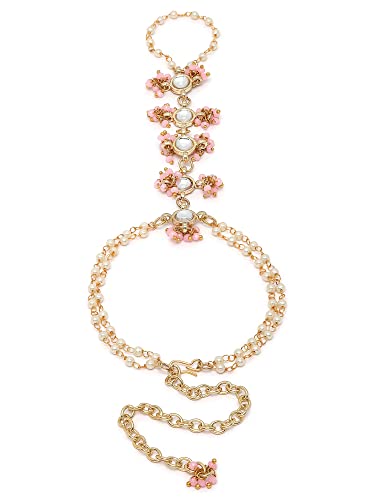 Image of Karatcart Gold Plated Baby Pink Pearl Chain Kundan Hathphool