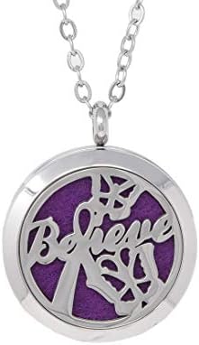 Aromatherapy Essential Oil Diffuser Stainless Steel Silver Magnetic Locket Pendant 2 Sizes Chain Necklace, Refill Pads & Diffuser Bracelet in a Velvet Bag (Believe)