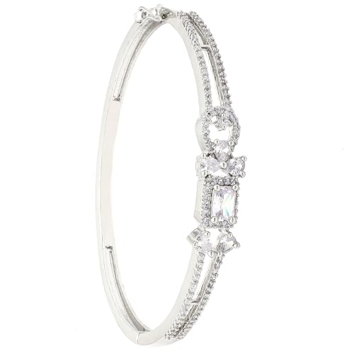 Image of ZENEME Rhodium-Plated American Diamond Studded Flower Patterned Kada Bracelet For Girls and Women