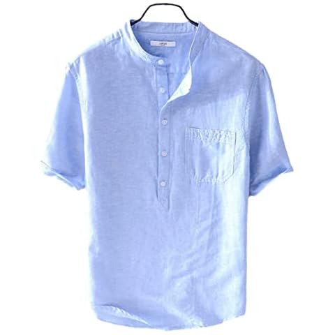 Lmtossey Men's Cotton Linen Short Sleeve Shirt Stand Tie Pocket Loose Trend Shirt Light Blue XXL Cover