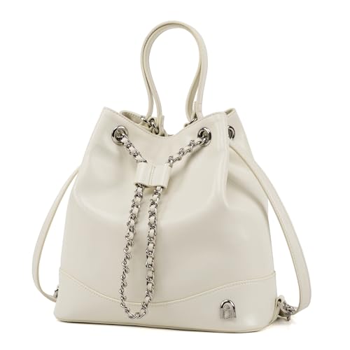 LA FESTIN Leather Purses for Women Cute Backpack Lightweight Shoulder Small Trendy Bucket Handbags with Strap Silver Chain (White)