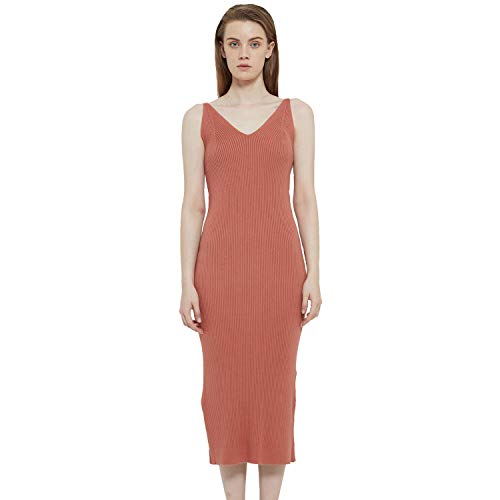 RZIV Women's Sleeveless Sweater Dress Knit Slim V Neck Bodycon Midi Stretchable Elasticity Slim Fits (Grapefruit red)
