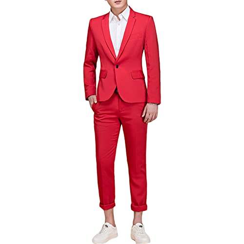 Men's Slim Fit 2 Pieces Suit One Button Solid Formal Blazer & Pants Single Breasted Prom Wedding Tuxedo Set (Red,3X-Large)