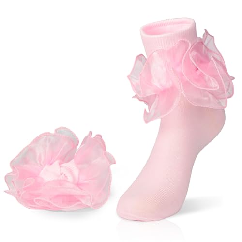 Snycler Womens Big Ruffle Ankle Socks Adult Lace Turn Cuff Cotton Frilly Dress Socks Cute Bobby Sock with Ruffles Socks Pink - 1 Pair