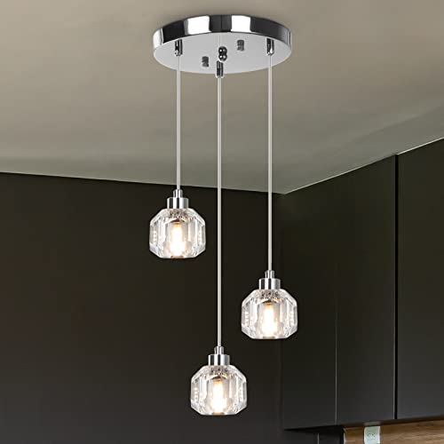 KMaiPem Chrome Lustre Suspension Verre 3 Lumière Cristal Lampe Suspendue Moderne pour Îlot De Cuisine, Classique Cluster Cuisine Lumières Plafond Sur Table Pour Salle À Manger Salon Entrée Bar Cover