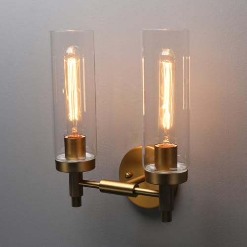 Image of Phansthy Rustic Industrial Wall Sconce Light with 3.14 inch /8cm Tubular Clear Glass Lampshade (Double Sconce Antique)