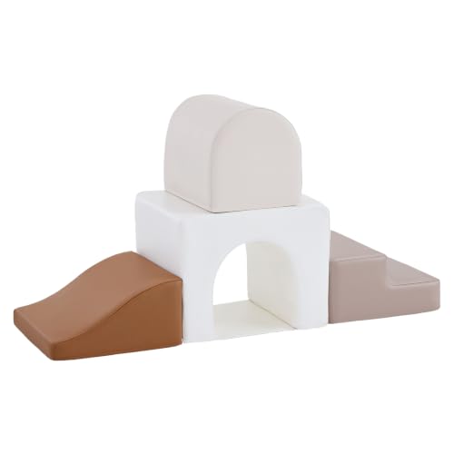 Image of Sumbababy Toddler Climbing Toys Leather Foam Climbing Blocks Indoor Soft Play Set Nordic Arch Climber for Babies and Young Toddlers High Density Foam Playroom Set Neutral
