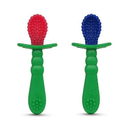 Image of RaZbaby RaZberry Spoon (2-Pack), Multi-Textured Silicone for Grip & Comfort During Feeding – Perfect for Self-Feeding Training – BPA-Free, Easy to Hold, Dishwasher & Sterilizer Safe for Easy Cleaning