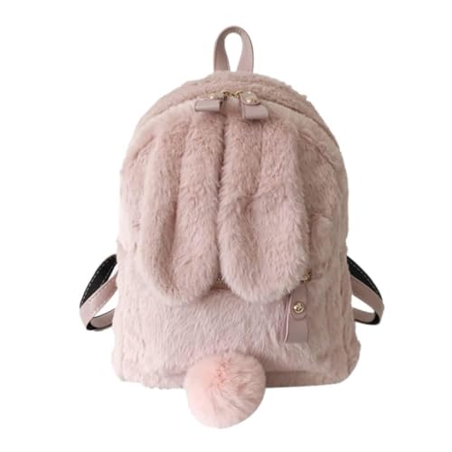 Mochila feminina de coelho de pelúcia com orelhas de coelho, mochila escolar casual para meninas