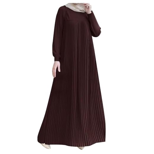 Robe Abaya pour femme style arabe plissée col rond manches longues robe modeste robe de Dubaï Maxi robe caftan robe islamique Dubaï, Rouge, XXL