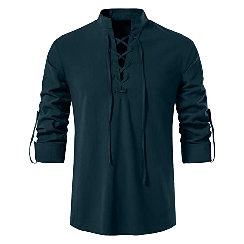 Beokeuioe Camisa de lino para hombre de manga larga con cordones, estilo vintage pirata, estilo vikingo, steampunk, retro, renacentista, gótico, victoriano, disfraz de Halloween, camisa de lino, X1