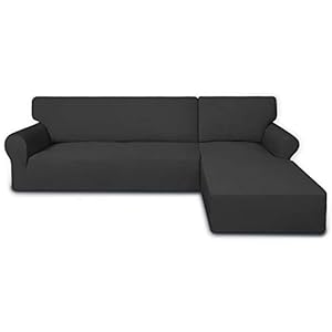 PureFit Super Stretch Sectional Couch Covers – 2 pcs Spandex Non Slip Sofa Covers with Elastic Bottom for L Shape Sectional Sofa Couches, Great for Kids & Pets (3 Seat Sofa + 3 Seat Chaise, Dark Gray)