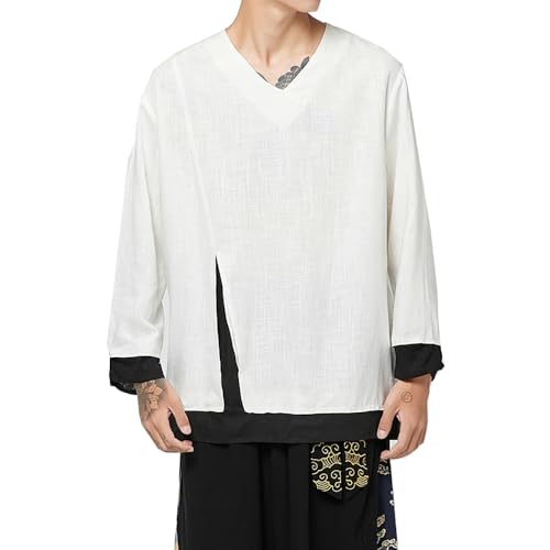 Seidarise Men Linen T Shirt Hanfu Chinese Traditional Clothes Kung Fu Shirt Long Sleeved Coat White