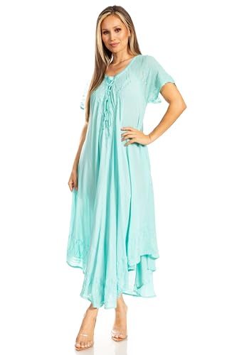 Image of Sakkas Egan Long Embroidered Caftan Dress /Cover Up with Embroidered Cap Sleeves