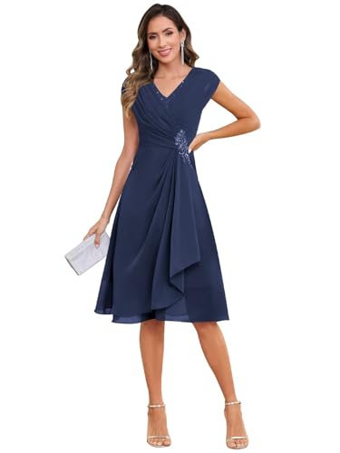 Short Mother of The Bride Dresses for Women Knee Length Cap Sleeve Chiffon Formal Evening Dress4