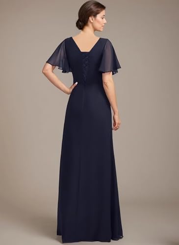 Asymmetrical Neck Mother of The Bride Dresses with Pockets Ruffles Sleeves Chiffon Formal Evening Gowns2
