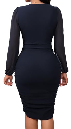Image of SeNight Women Church Dress Sexy V Neck Dresses Bodycon Black Long Sleeve Mini Dresses