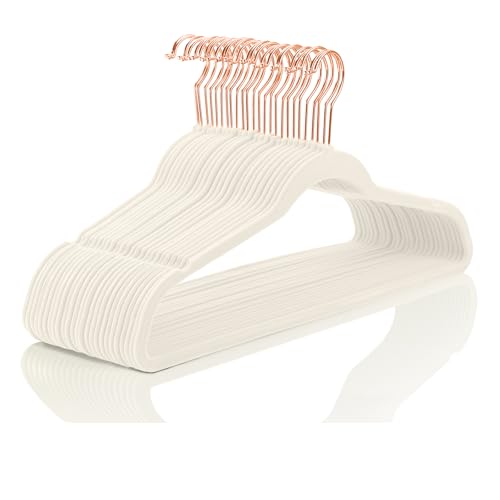 Image of MIZGI Ivory Velvet Hangers 50 Pack Non Slip Heavy Duty Rose Gold Hooks