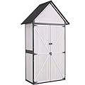 Aivituvin Storage Shed Outdoor Cabinet with All-Around Strong Metal Frame Wooden Tool House with Adjustable Shelfs and Floor,Waterproof Roof (White)