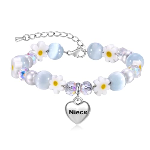 Image of MEALGUET To Niece Bracelet Gifts for Girls : Cute Daisy Flower Natural Cat Eye Stone Beaded Heart Charm Bracelets Jewelry Birthday Back to School Gift to Nieces from Aunt Auntie Uncle