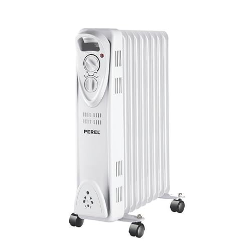 Perel Radiateur à bain d’huile 2000 W, 9 éléments, chauffage bain d’huile, chauffage d’appoint, radiateur électrique, 3 niveaux de chaleur, thermostat, roulettes, max. 25 m², blanc
