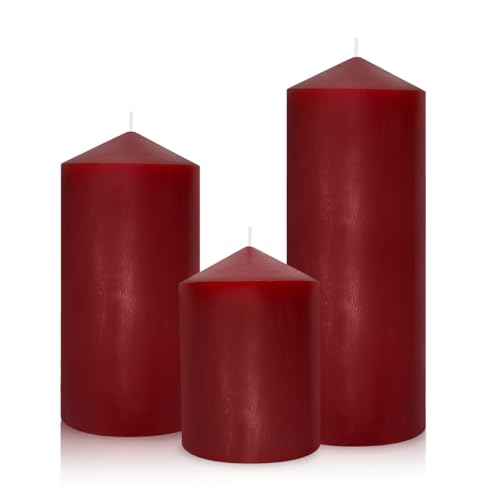 Dripless 3x4 3x6 3x8 Inch Red Burgundy Pillar Candles 3 Packs Unscented Long Lasting Large Solid Colored Different Sizes Cylinder Column Candles for Home Table Decor Power Outage Emergency
