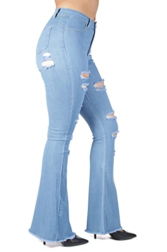 Fashion2Love Women Junior Bell Bottom Ripped Distress High Waist Flared Stretch Jeans (HY338)4