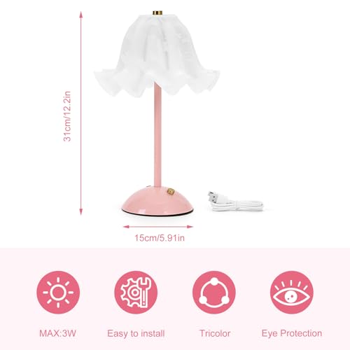 RuiDay Table Lamp, Rechargeable Bedside Lamps, Modern Flower Touch Control Bedroom Lamp with 3 Way Dimmable, Small LED Bedside Lamps for Living Room Bedroom, Birthday Gifts for Women (Pink)