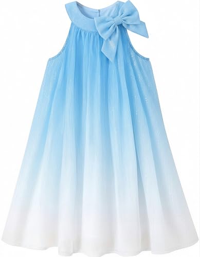 NIUSC Girls Summer Dress Subtle Shimmer Chiffon Dresses Cute Little Girl Casual Clothes Beach Birthday Party Wedding Graduation Outfit Size 7-8 Year, Blue