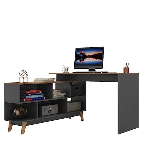 Escrivaninha em L 120x136cm 2 Portas com Estante 1 Porta Retrô Grafite/Nogal