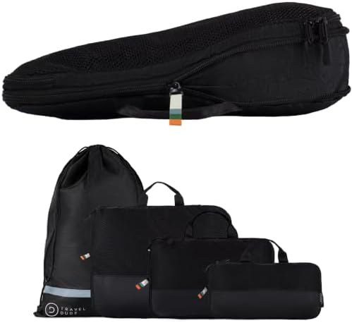 TRAVEL DUDE Packwürfel Set mit Kompression aus recycelten Plastikflaschen, Leichte Packing Cubes, Packtaschen Set für Rucksack und als Koffer Organizer, Zubehör (Schwarz, 4-teilige