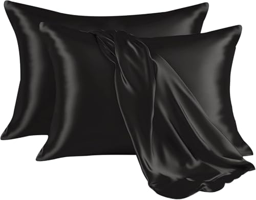 Moonlight Bedding Black Satin Pillow Cases 2 Pack - Soft Feels Like Silk Pillowcase For Hair and Skin Care Luxury Satin Pillowcase with Envelope Closure