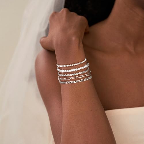 5PCS Silver Bracelets for Women Trendy Non Tarnish Silver Plated Rope Paperclip Cuban Tennis Beaded Link Chain Bracelet Stack Bracelet Set Silver Jewelry for Women Accessories Gifts4