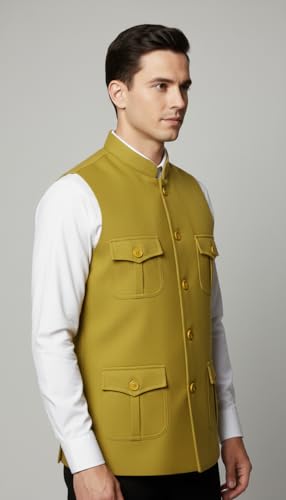 Image of LATEST CHIKAN Men's Nehru Jacket | Ethnic Waistcoat with Mandarin Collar | Premium Textured Fabric | Party, Wedding