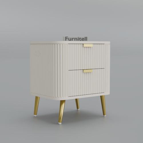 Image of Premium HDMR Wood Bedside Table with 1 Drawer & Open Storage Shelf, Fluted Nightstand with Golden Legs for Bedroom, Modern End Table, for Living Room, White Finish (18 x 14 x 18 Inch)
