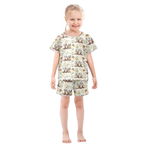 ALAZA Sloth Leaf Blossom Cartoon Pajamas Short Sleeve 2 Piece Sleepwear Top and Bottom Pajama Set Unisex3