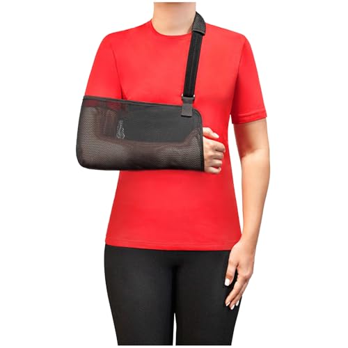 Armschlinge & Armbinde - Medizinprodukt aus atmungsaktivem Netzmaterial - Armtragetuch für linken & rechten Arm mit Schulterpolster & Daumenschlaufe 5002 Schwarz (XS)