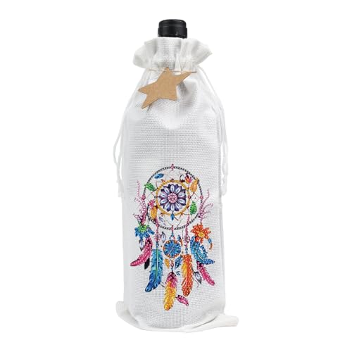 Image of DIY 5D Diamond Painting Wine Bottle Gift Bag, Rhinestone Diamond Art Wrapping Pouch, Handmade Linen Wine Holder with Dream Catcher Design, Party Supplies for Christmas Wedding Birthday
